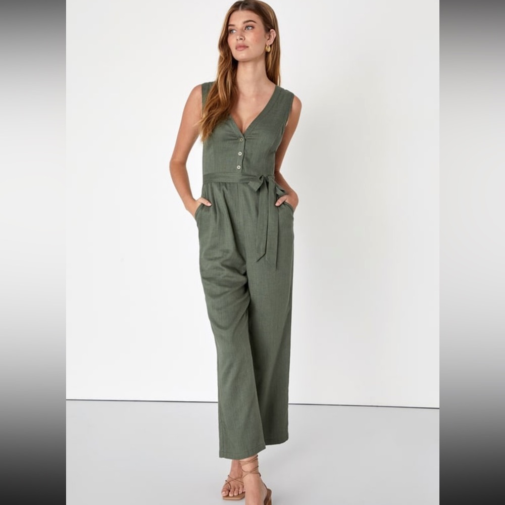 Lulus Olive Green Linen Sleeveless Jumpsuit